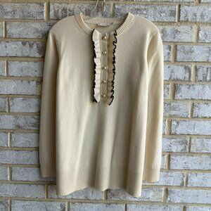 Tory Burch Cream Ruffle-Trim Cashmere Crewneck Sweater